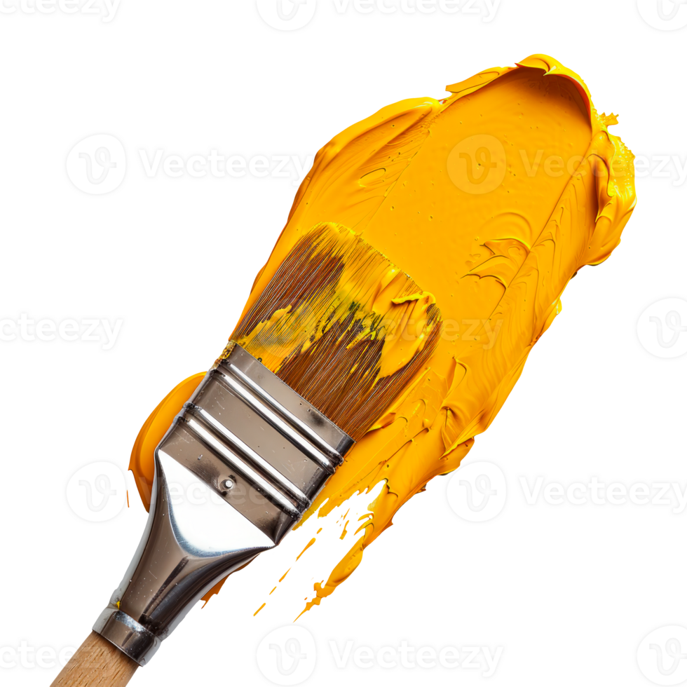 A paint brush with vibrant yellow paint stroke on a transparent background png