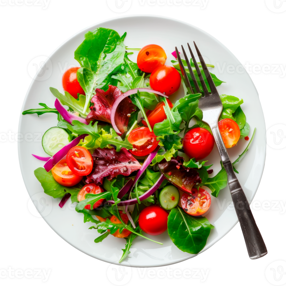 A vibrant salad with fresh vegetables and tomatoes on a white plate. png