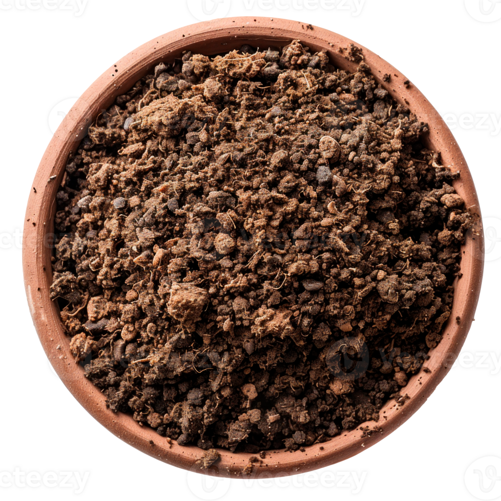 A top view of rich brown soil in a clay pot png