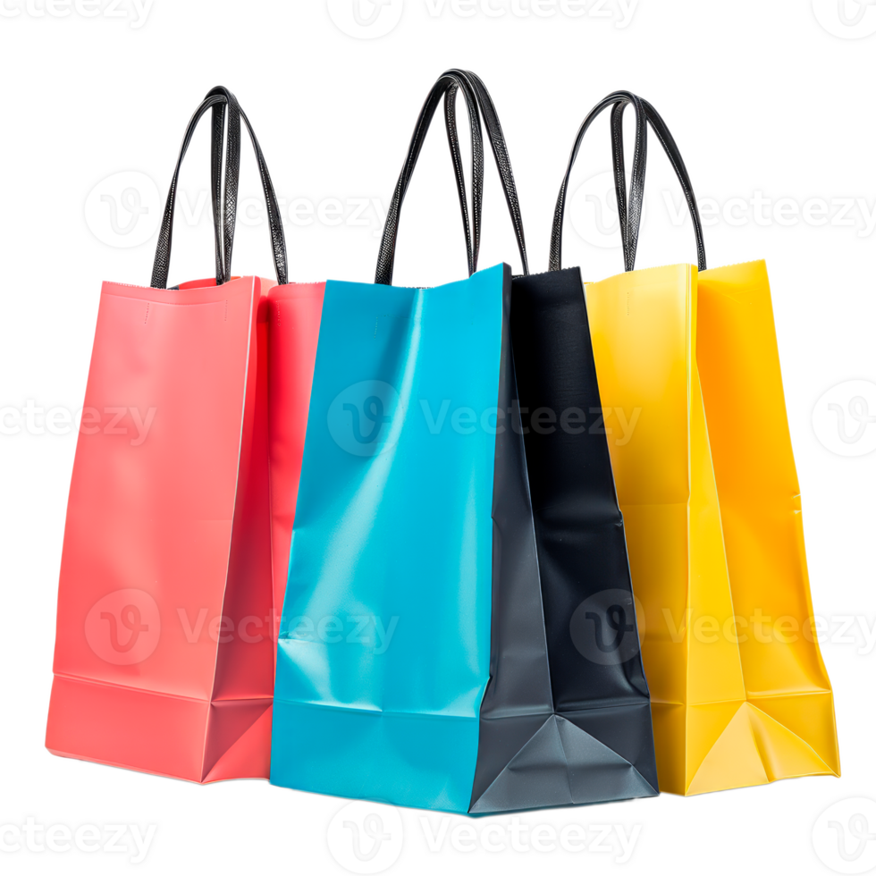 Four colorful shopping bags in vibrant hues isolated on a transparent background png