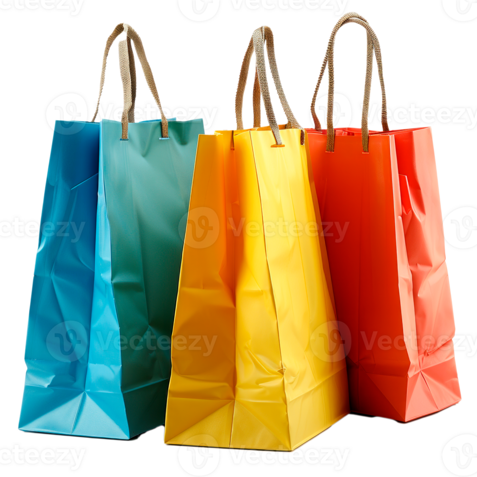 Colorful shopping bags in blue yellow and red on a transparent background png