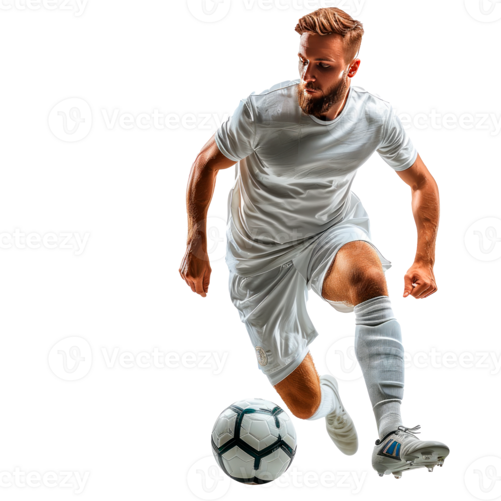 Soccer player in action ready to kick a ball on the field png