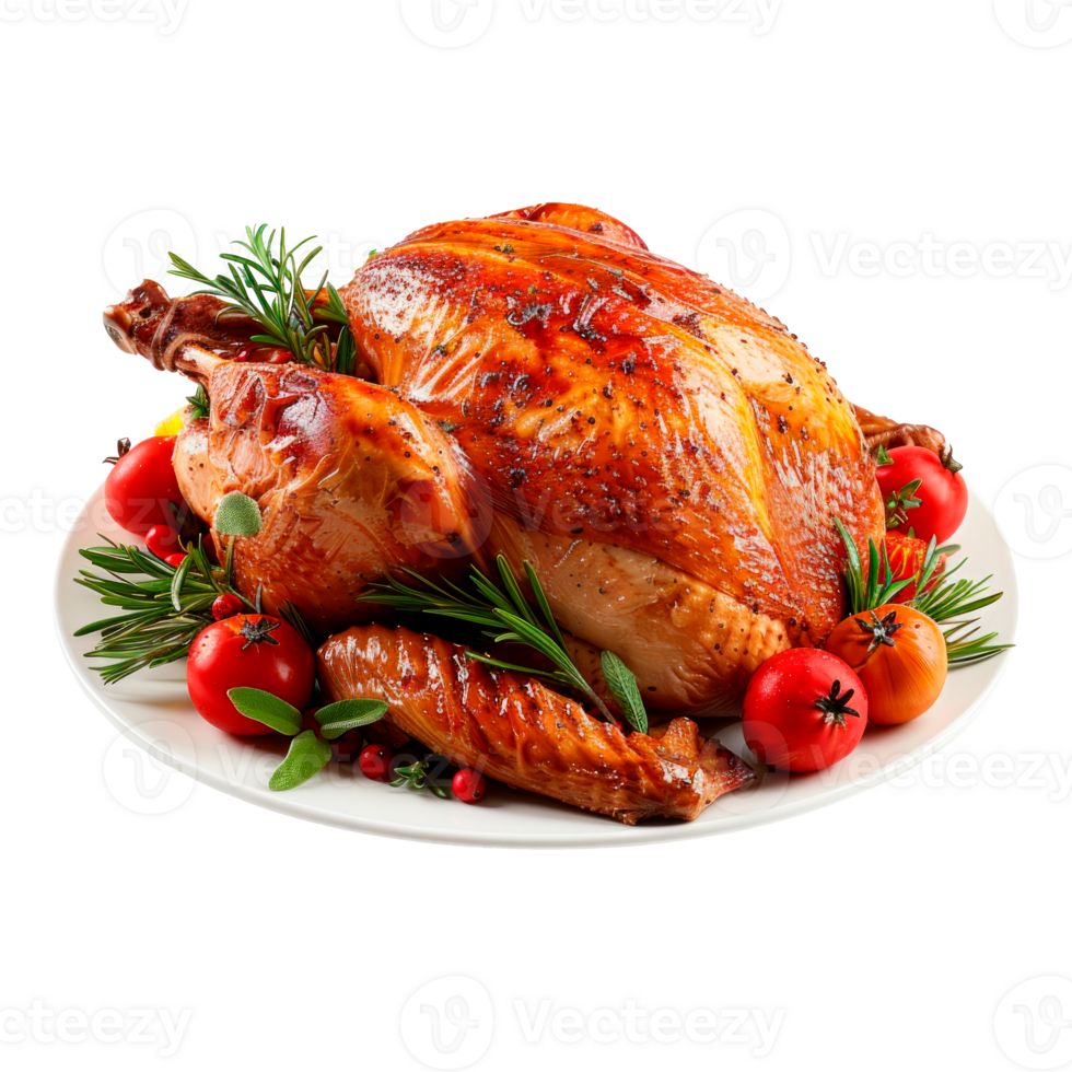 A beautifully roasted turkey served on a platter with vegetables. png