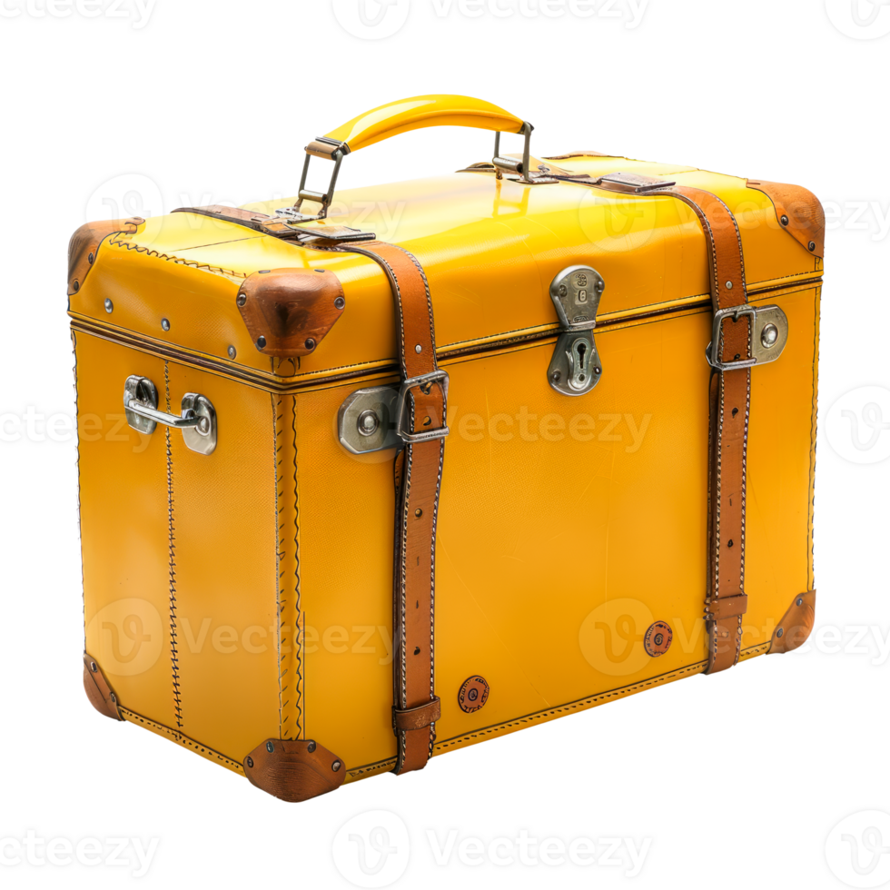 A vintage yellow suitcase with leather straps and metal accents. png