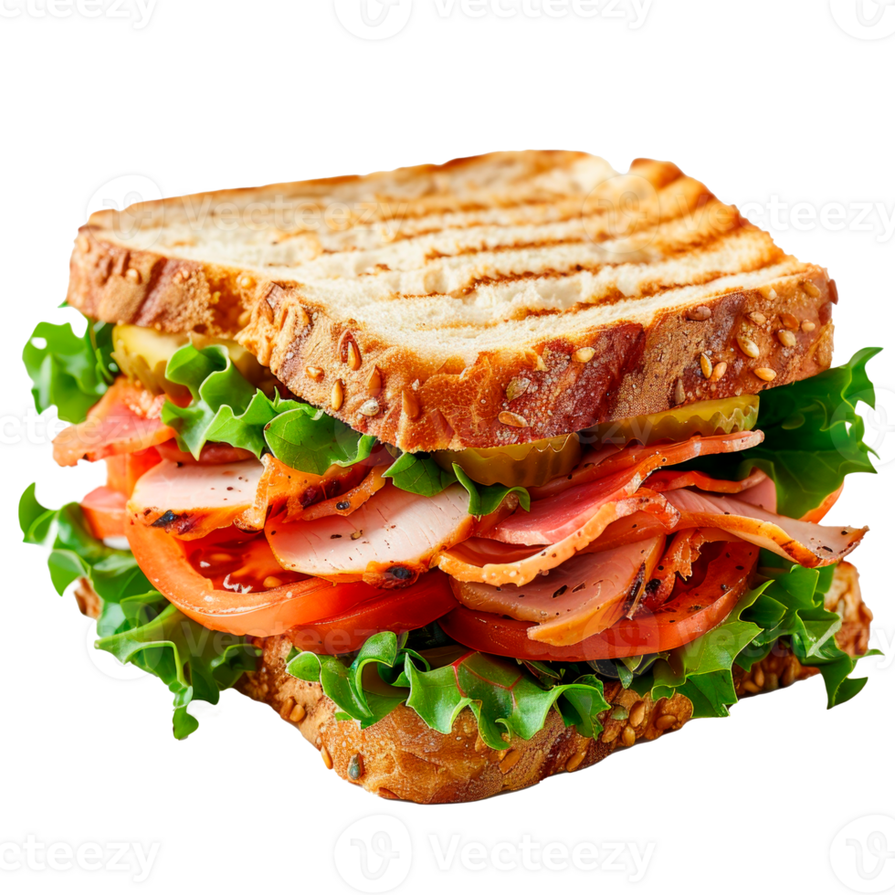 A delicious grilled sandwich with ham, lettuce, and fresh vegetables. png