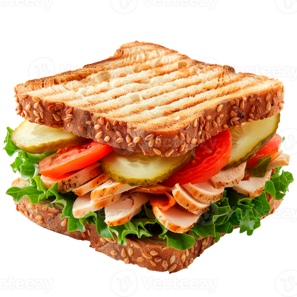 Delicious turkey sandwich with lettuce, tomato, and pickles on sesame bread png
