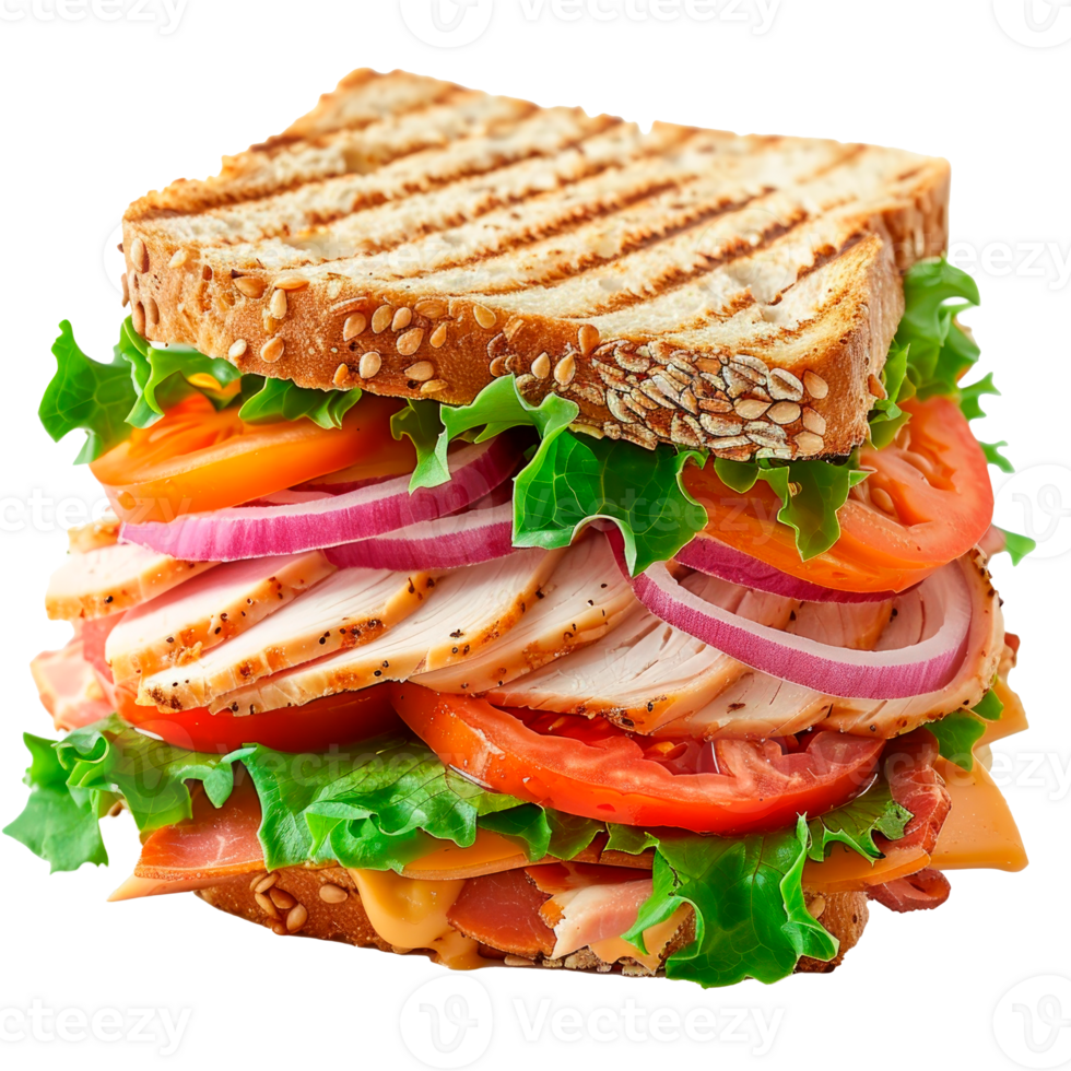 Delicious layered sandwich with turkey, fresh vegetables and grilled bread. png