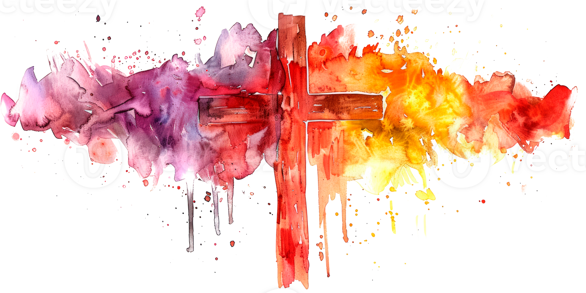 Watercolor artistic depiction of a cross with vibrant colors and abstract background png