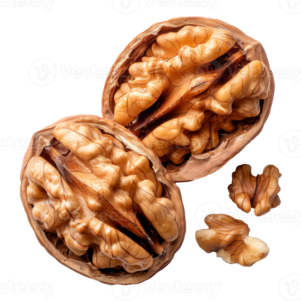 Whole and shelled walnuts isolated on a transparent background png