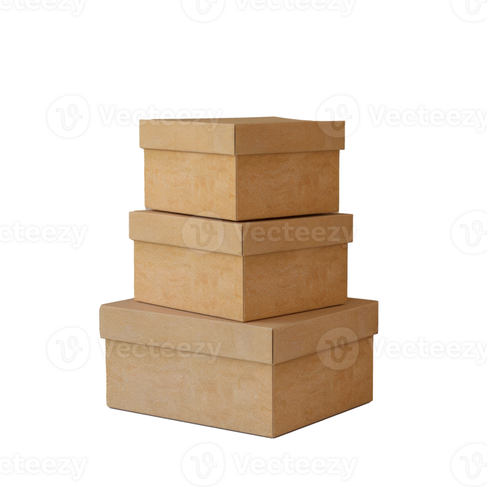 Three stacked brown cardboard boxes on a transparent background png