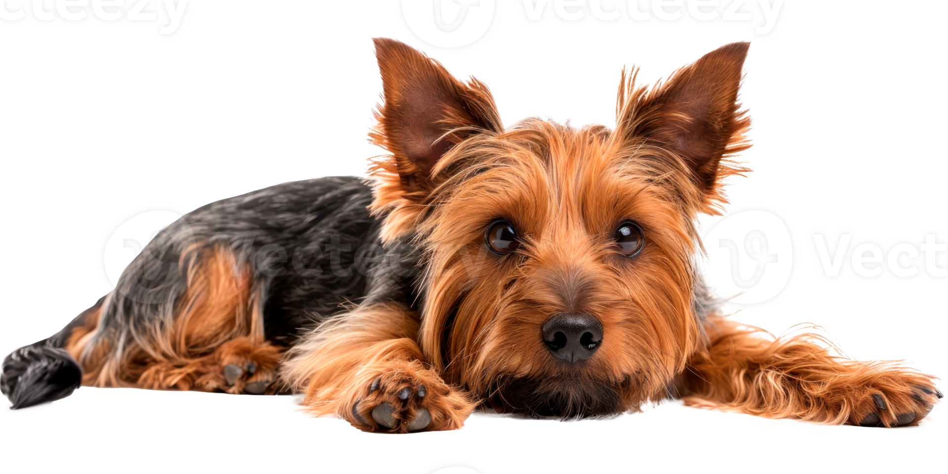Cute Yorkshire Terrier dog lying down on a white background png