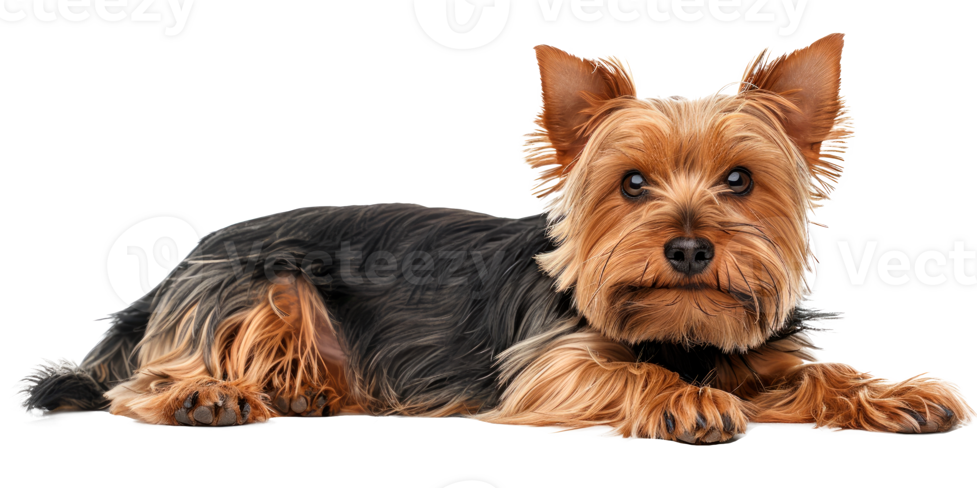 A cute Yorkshire terrier dog laying down on a transparent background. png
