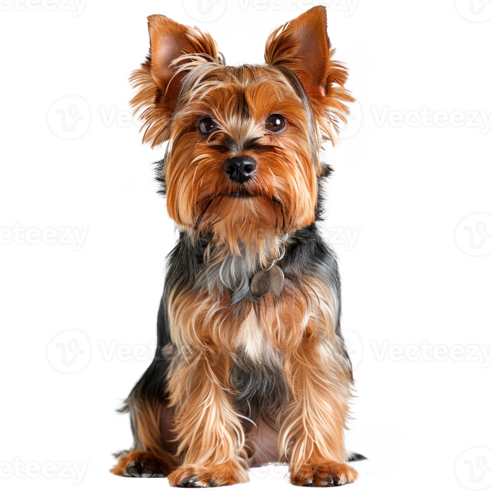 A cute Yorkshire Terrier sitting with a fluffy coat and friendly expression png