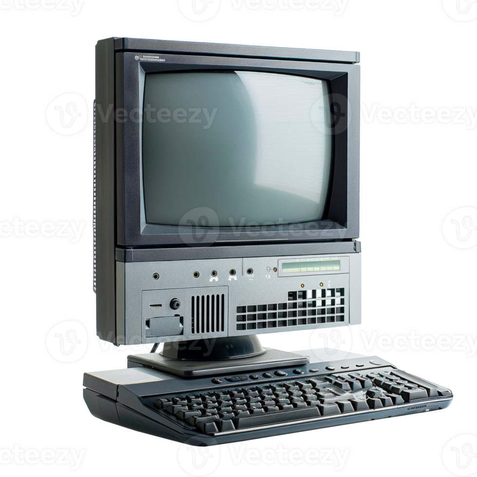 A vintage desktop computer with monitor and keyboard on a transparent background png