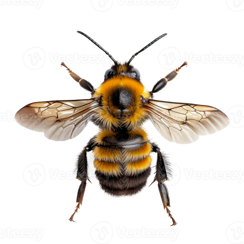 Detailed close-up of a bumblebee showcasing its vibrant colors and wings. png