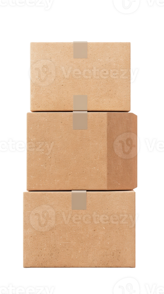 Three stacked cardboard boxes with tape on a transparent background png