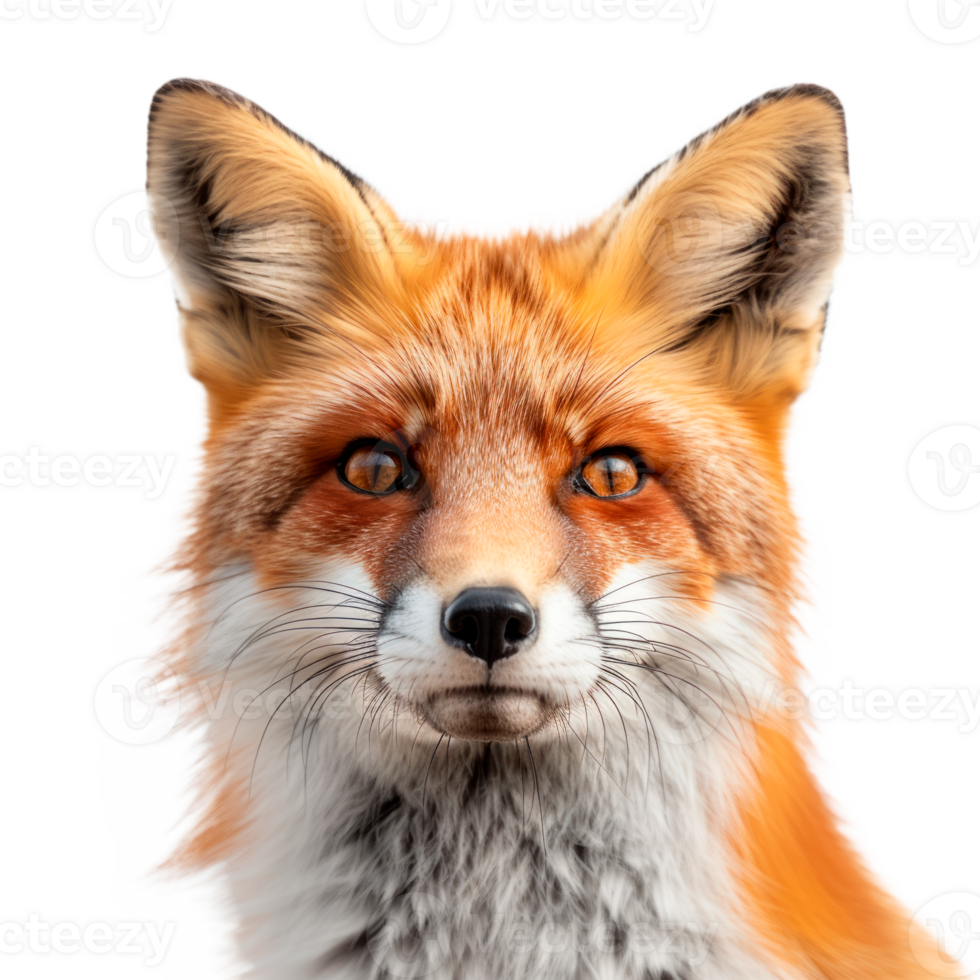 A detailed portrait of a red fox showcasing its striking features. png