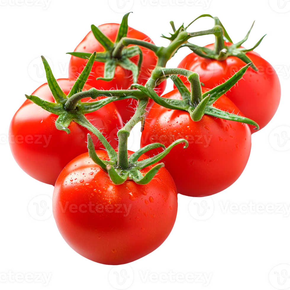 Fresh red tomatoes on vine with water droplets for healthy cooking png