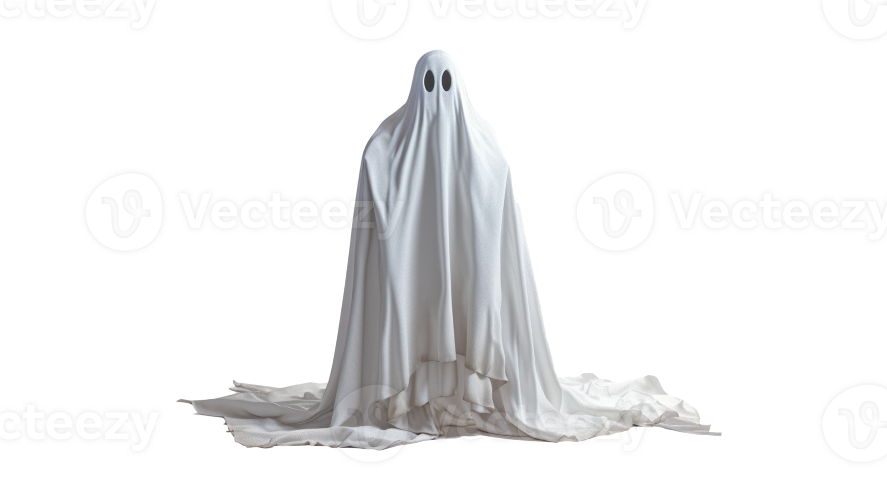 A spooky ghost in a white sheet costume isolated on a transparent background png