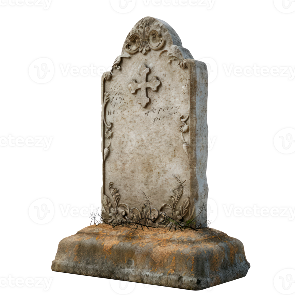 Weathered tombstone in a cemetery with intricate designs and cross. png