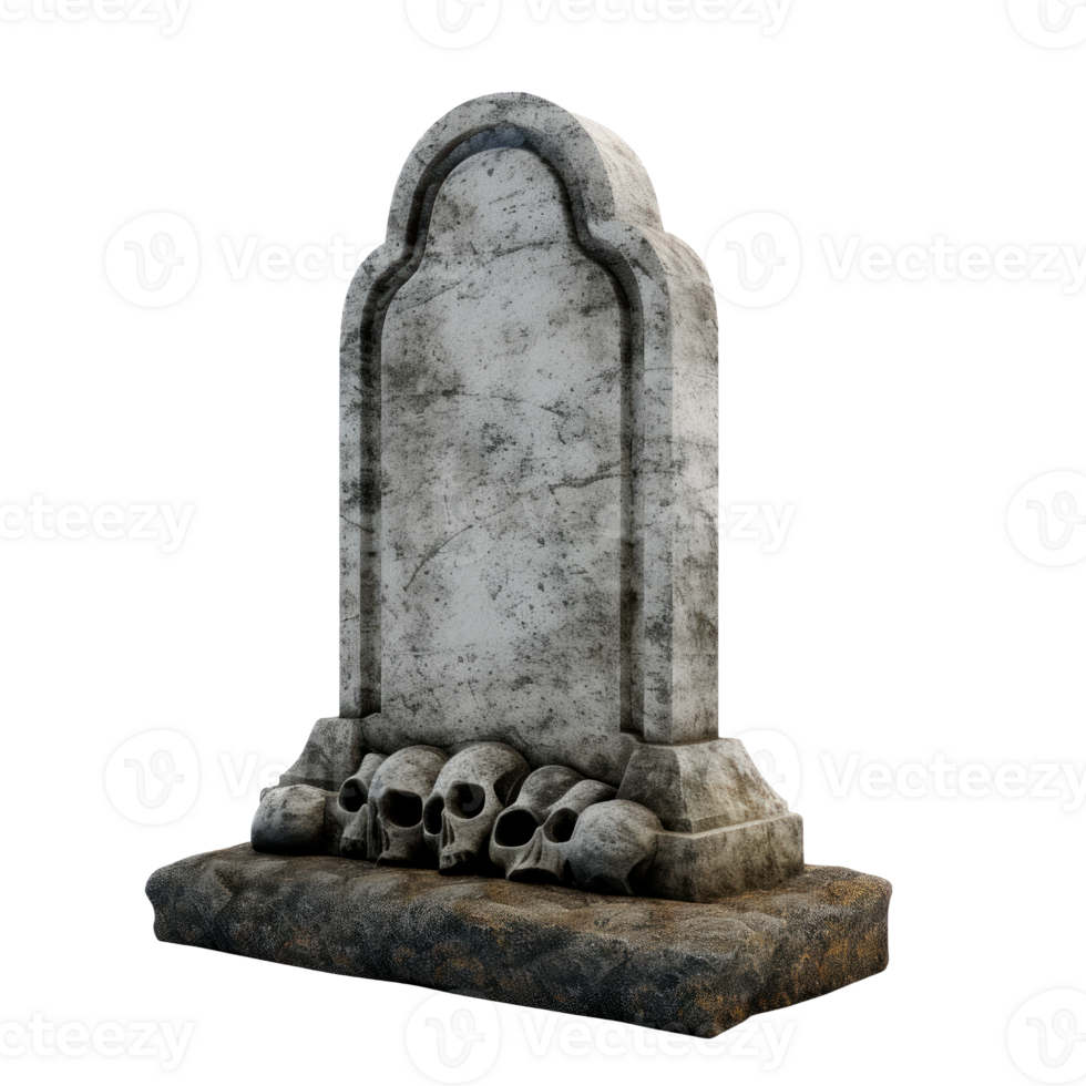 A spooky tombstone with skulls at the base on a transparent background png