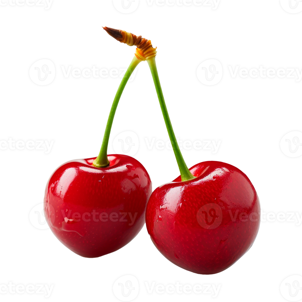 Two ripe red cherries with green stems isolated on a transparent background png
