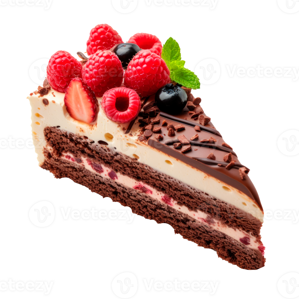 Delicious slice of chocolate cake topped with fresh berries and cream png
