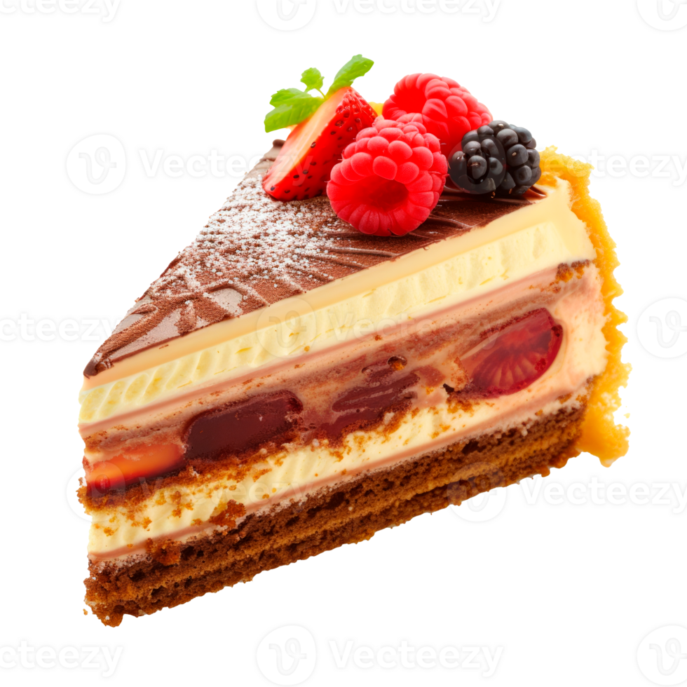 Delicious slice of layered chocolate and fruit cake with berries png
