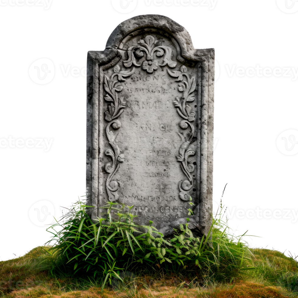 An old gravestone surrounded by overgrown grass and plants png
