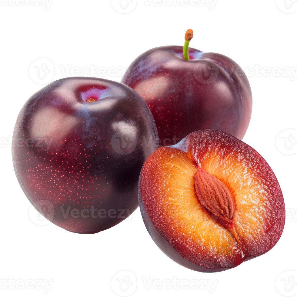 Fresh plums whole and sliced showcasing juicy interior and vibrant color png