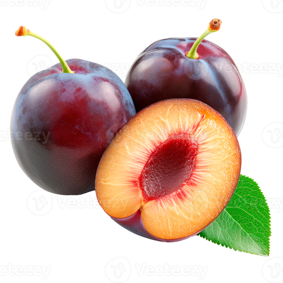 Fresh purple plums with a sliced half and green leaf on transparent background. png