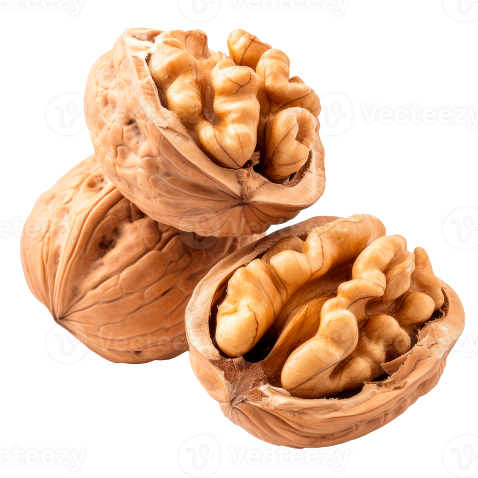 Three walnuts showcasing their shells and edible inner kernels on white background png