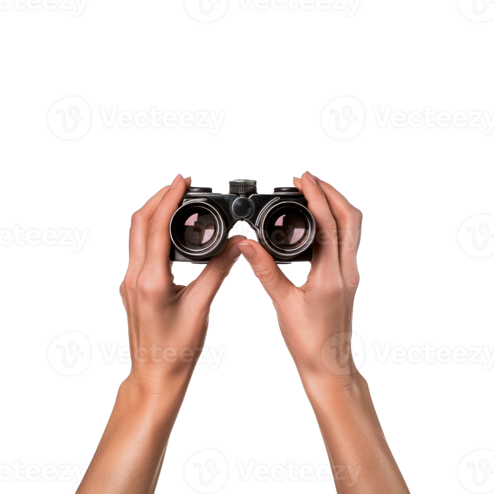 Hands holding binoculars for outdoor exploration and sightseeing png