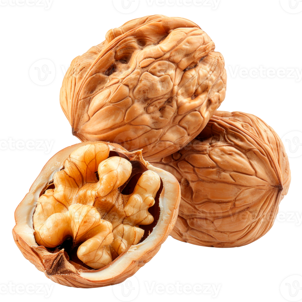 Three walnuts showcasing their shell and edible nut inside png