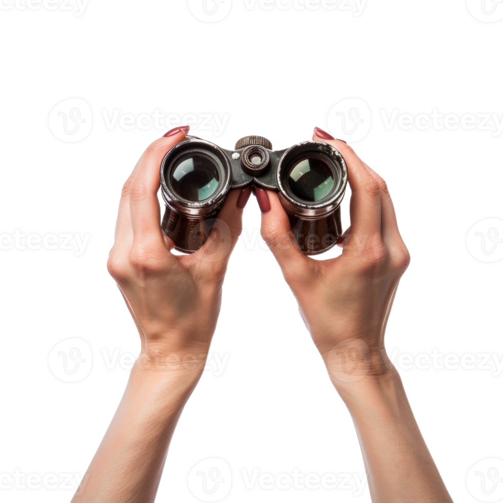 Hands holding vintage binoculars for outdoor exploration and observation png