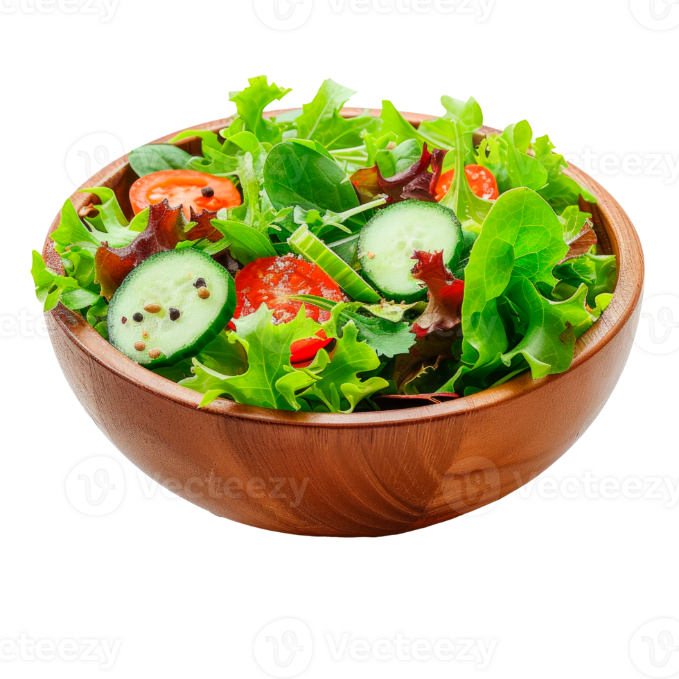 Fresh vegetable salad in a wooden bowl with cucumbers and lettuce png