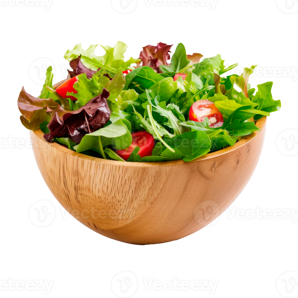 A vibrant salad with fresh greens and tomatoes in a wooden bowl png