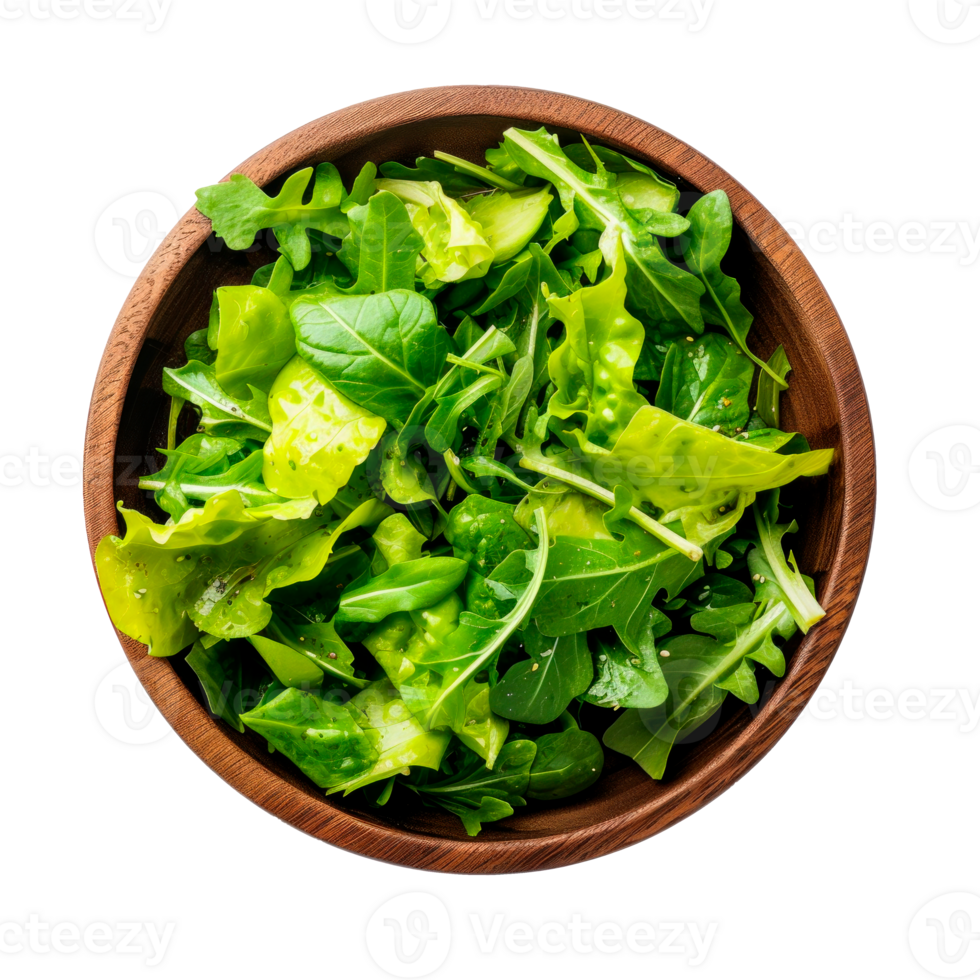 Fresh mixed salad greens in a wooden bowl on transparent background png