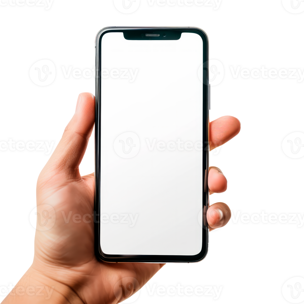 A hand holding a modern smartphone with a blank screen png