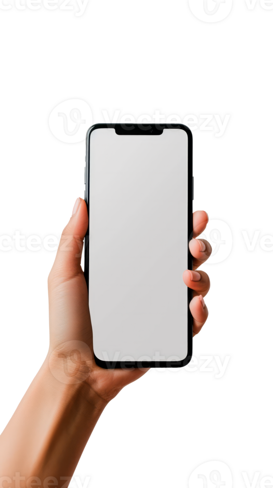A hand holding a smartphone with a blank screen on a transparent background. png
