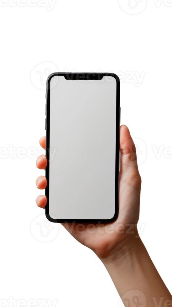 A hand holding a smartphone with a blank screen isolated on a transparent background. png