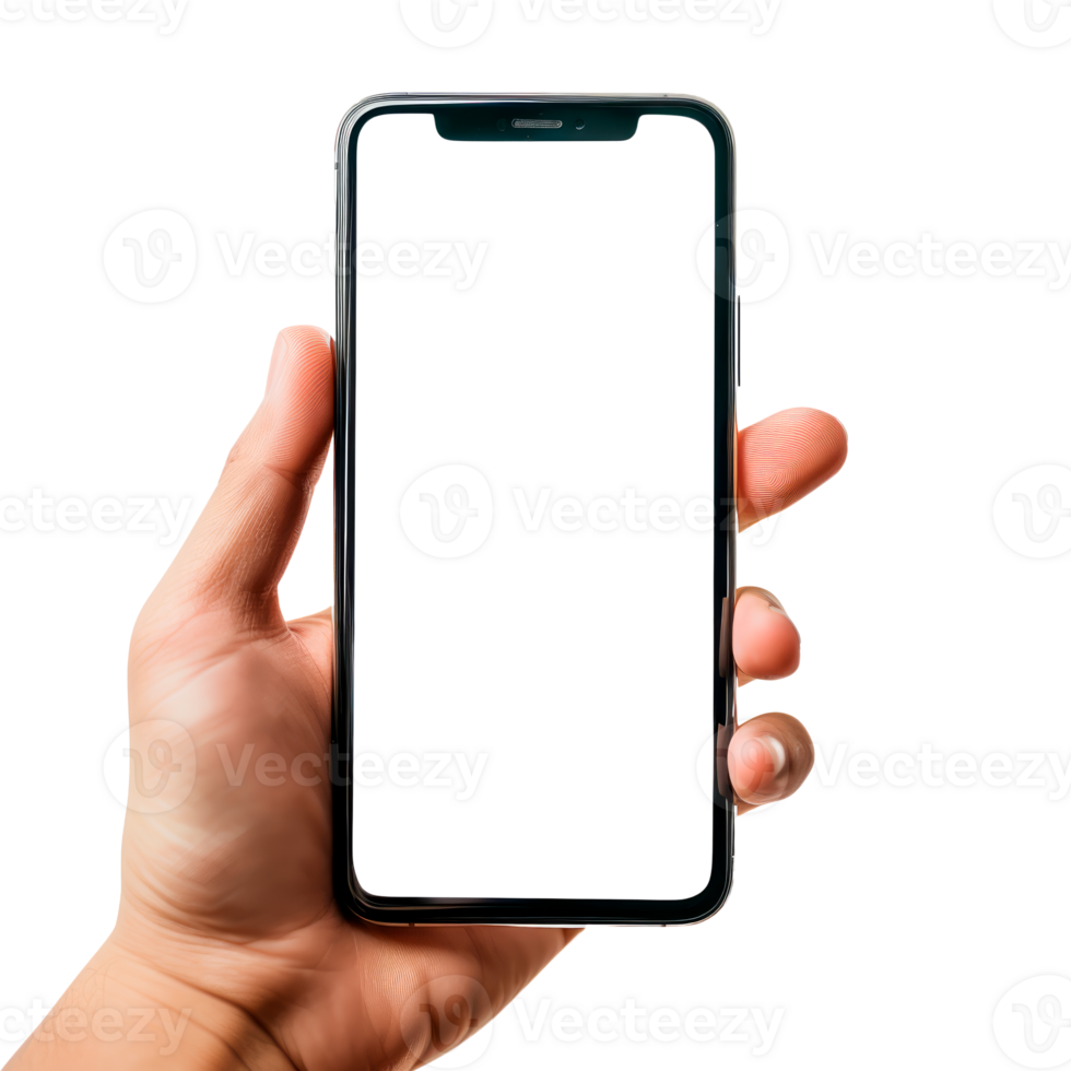 Hand holding a smartphone with a blank screen on a transparent background png