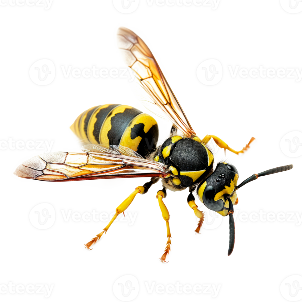 Detailed closeup of a yellow and black wasp insect in flight png