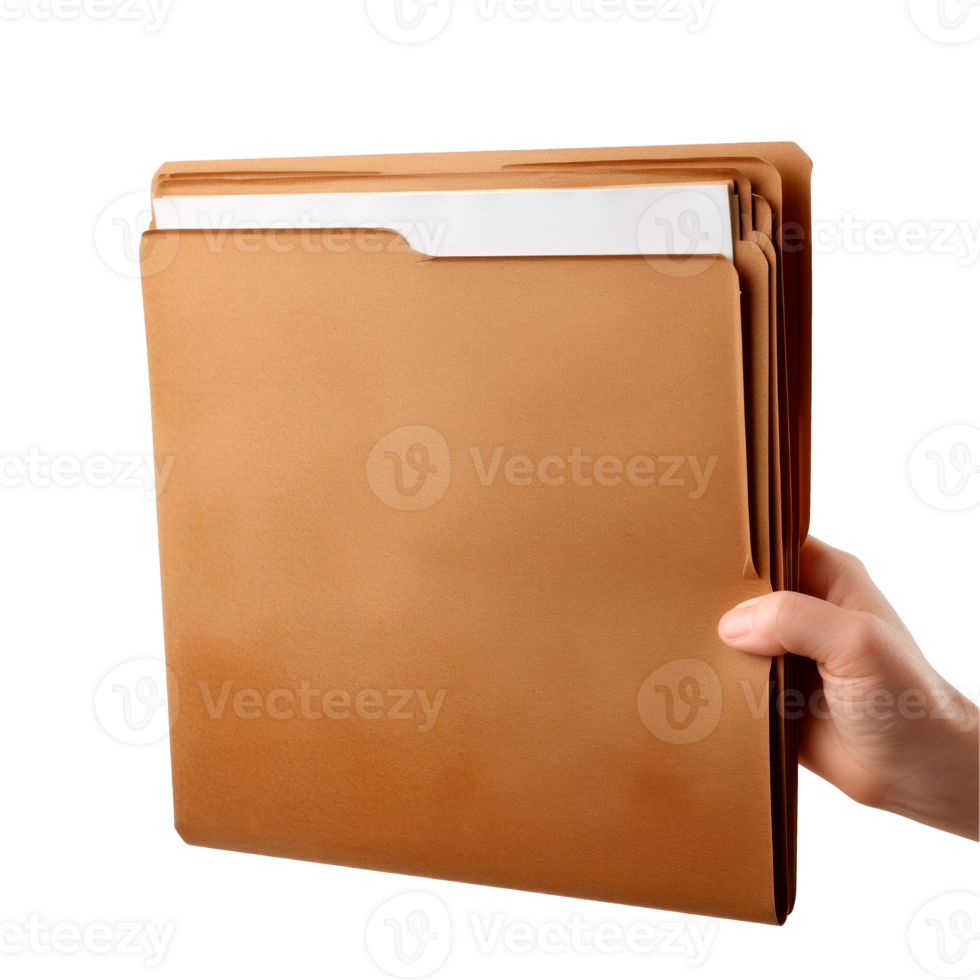 A person holding a brown file folder in an office setting. png