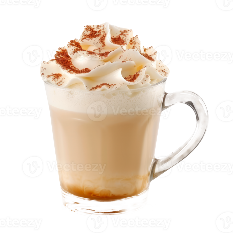 A creamy latte topped with whipped cream and cocoa powder. png