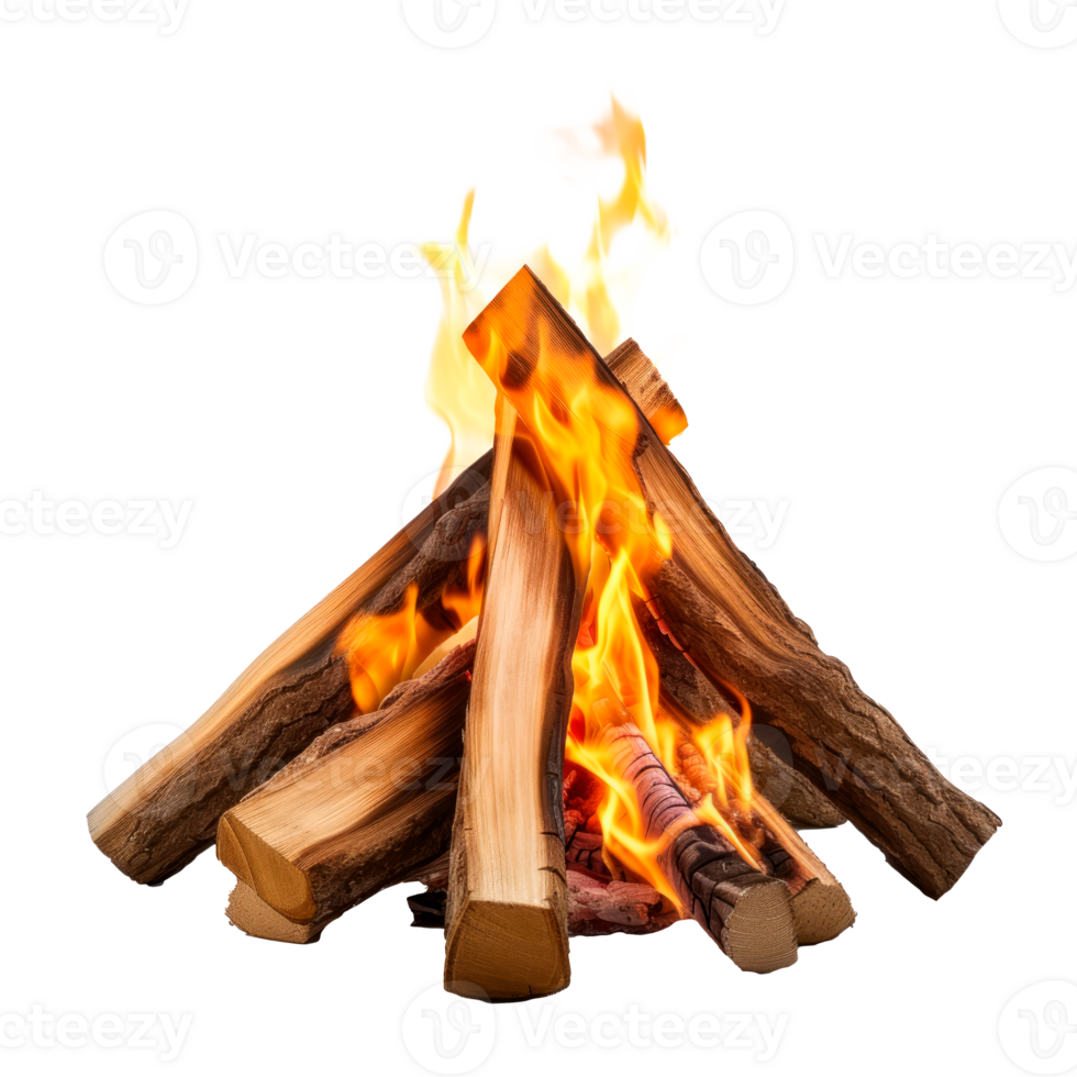 A vibrant campfire with burning logs and flames isolated on a transparent background. png