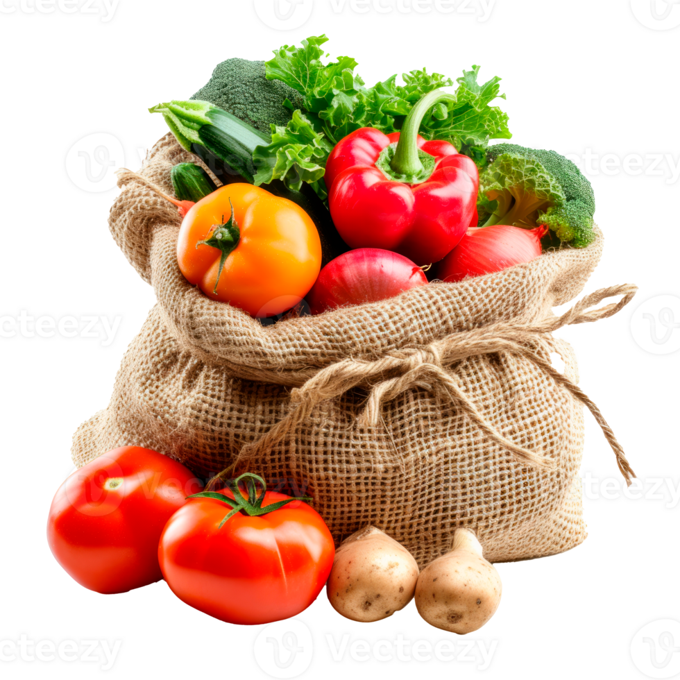 A burlap sack filled with fresh vegetables including peppers and tomatoes png