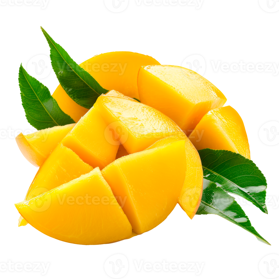 Freshly sliced mango pieces with green leaves on a transparent background png