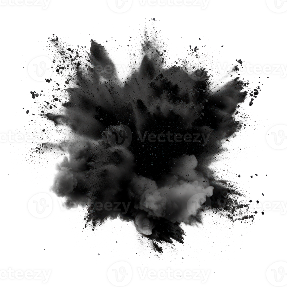 A dramatic black explosion effect with smoke and particles on transparent background png