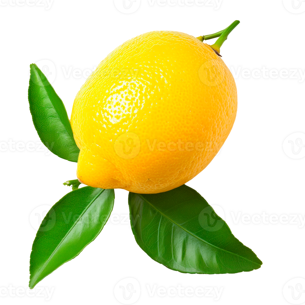 Fresh yellow lemon with green leaves isolated on transparent background png